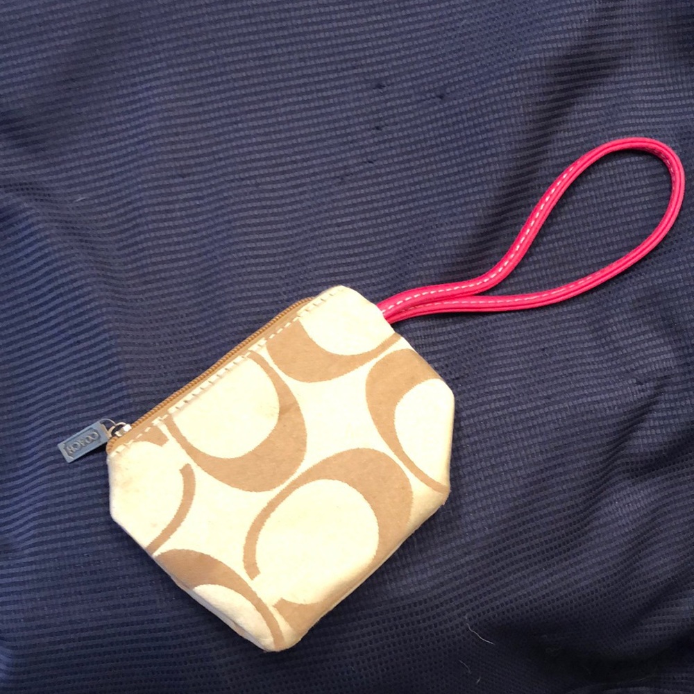 Coach tan with hot pink wristlet coin purse